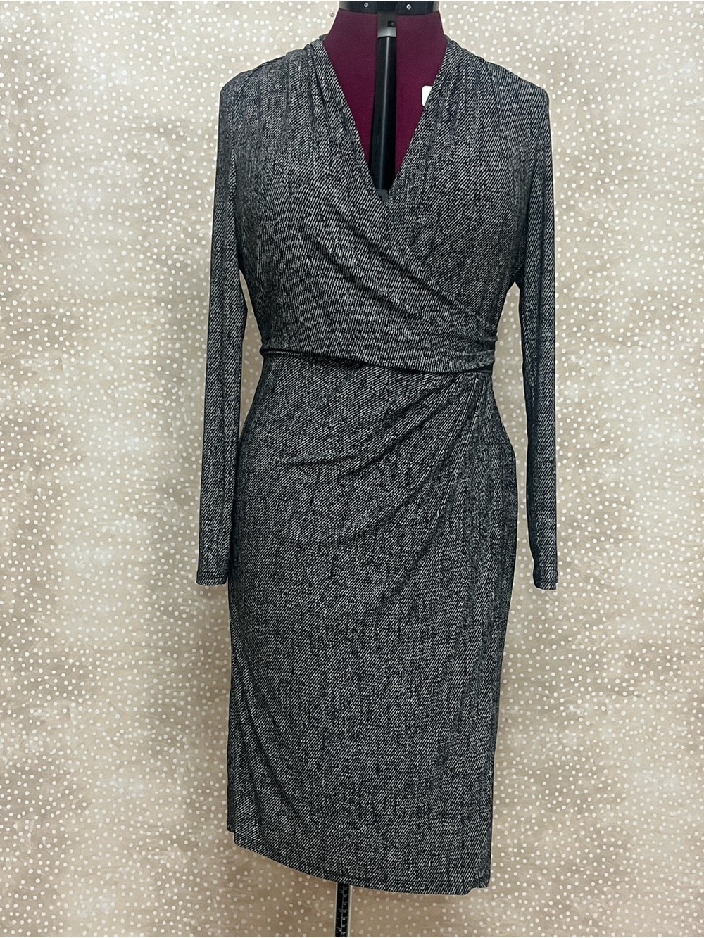 Ralph Lauren Heathered Charcoal Faux-Wrap Long Sleeve Dress